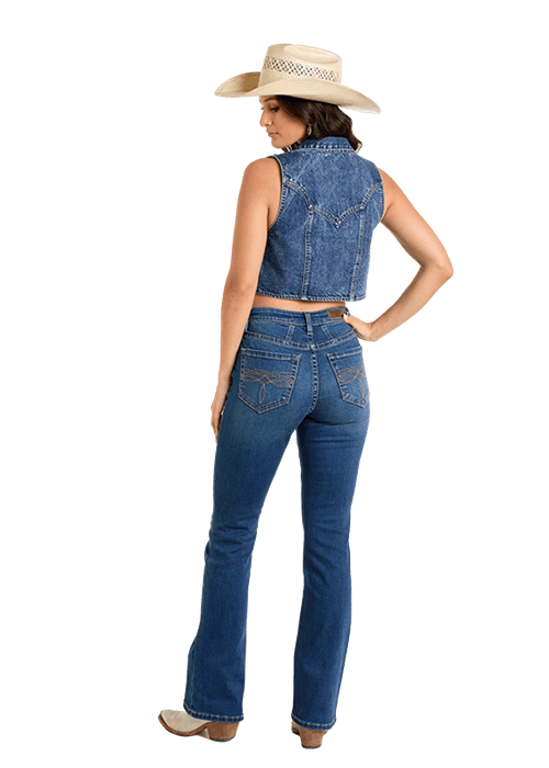 Cowgirl in denim vest and jeans, BW98D06414
