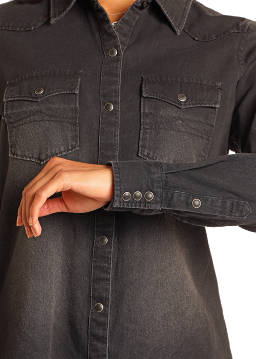 BWN2S03703 dark denim shirt with button cuff detail
