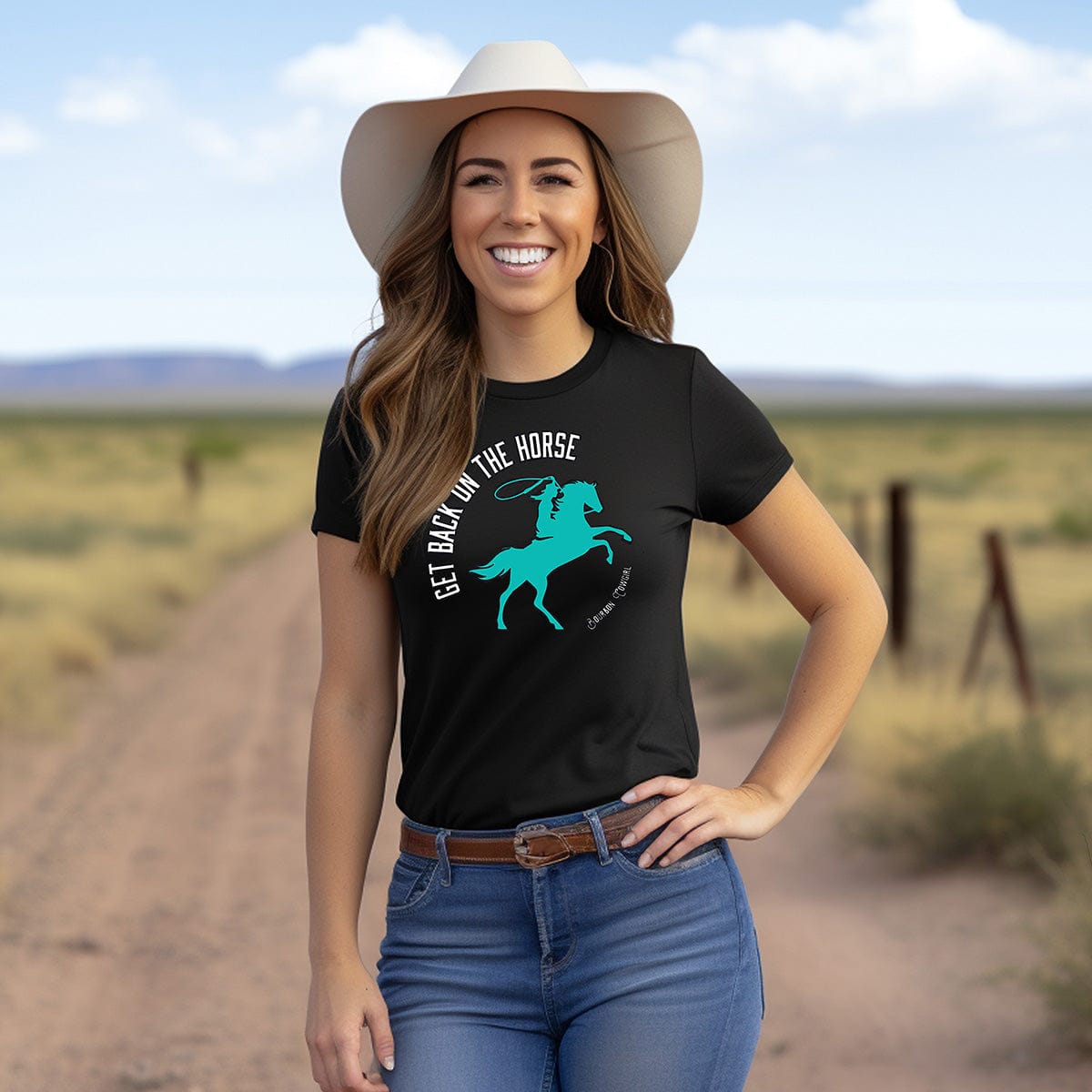 Woman in Get Back on the Horse shirt