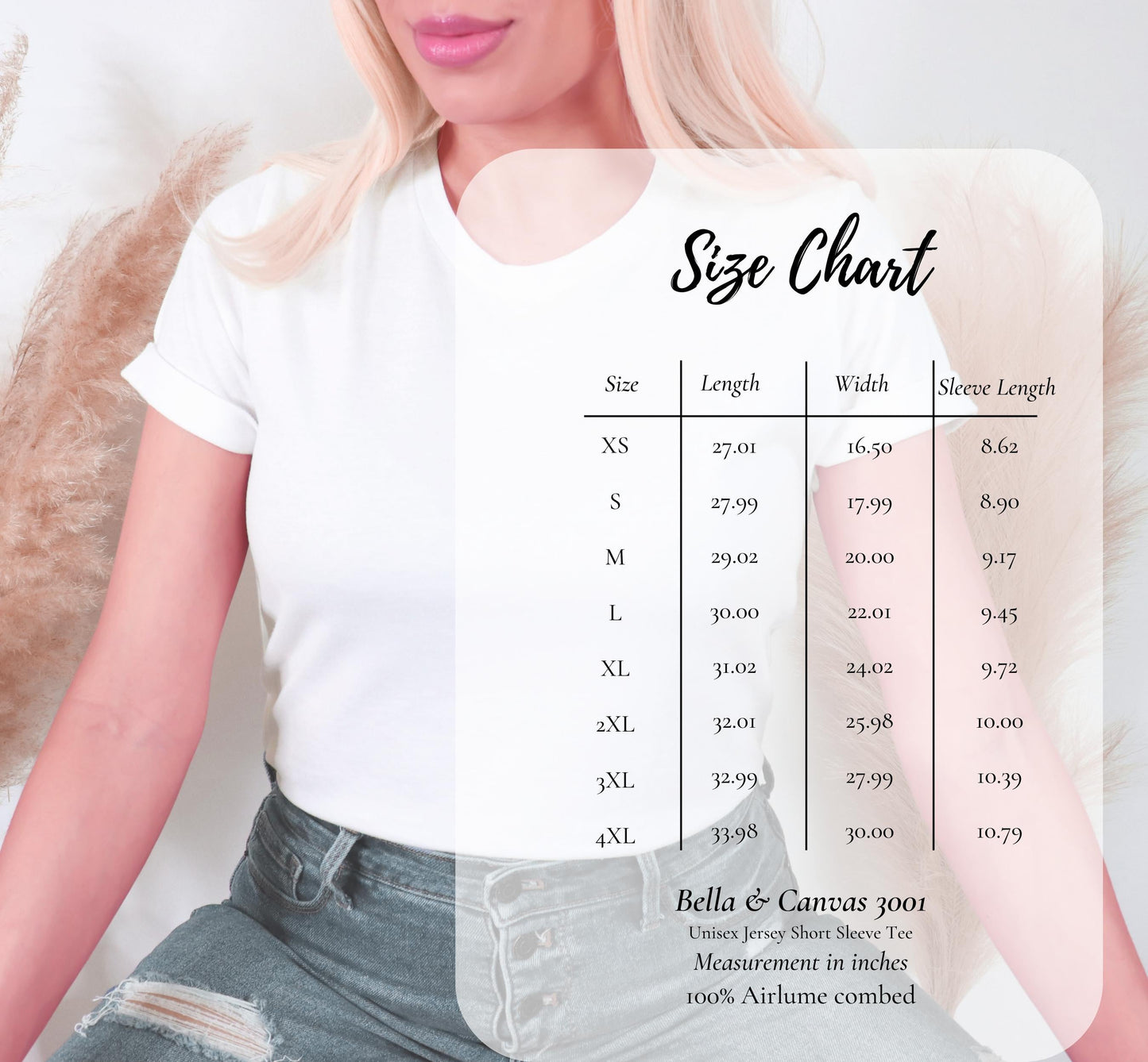 Bella + Canvas 3001 size chart for short sleeve tee