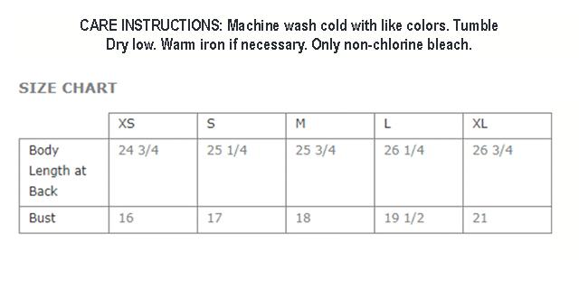 Care & size chart image. Machine wash cold, tumble dry low.