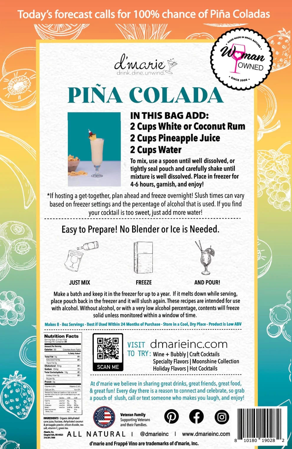 Back of d'marie Piña Colada pouch with recipe instructions