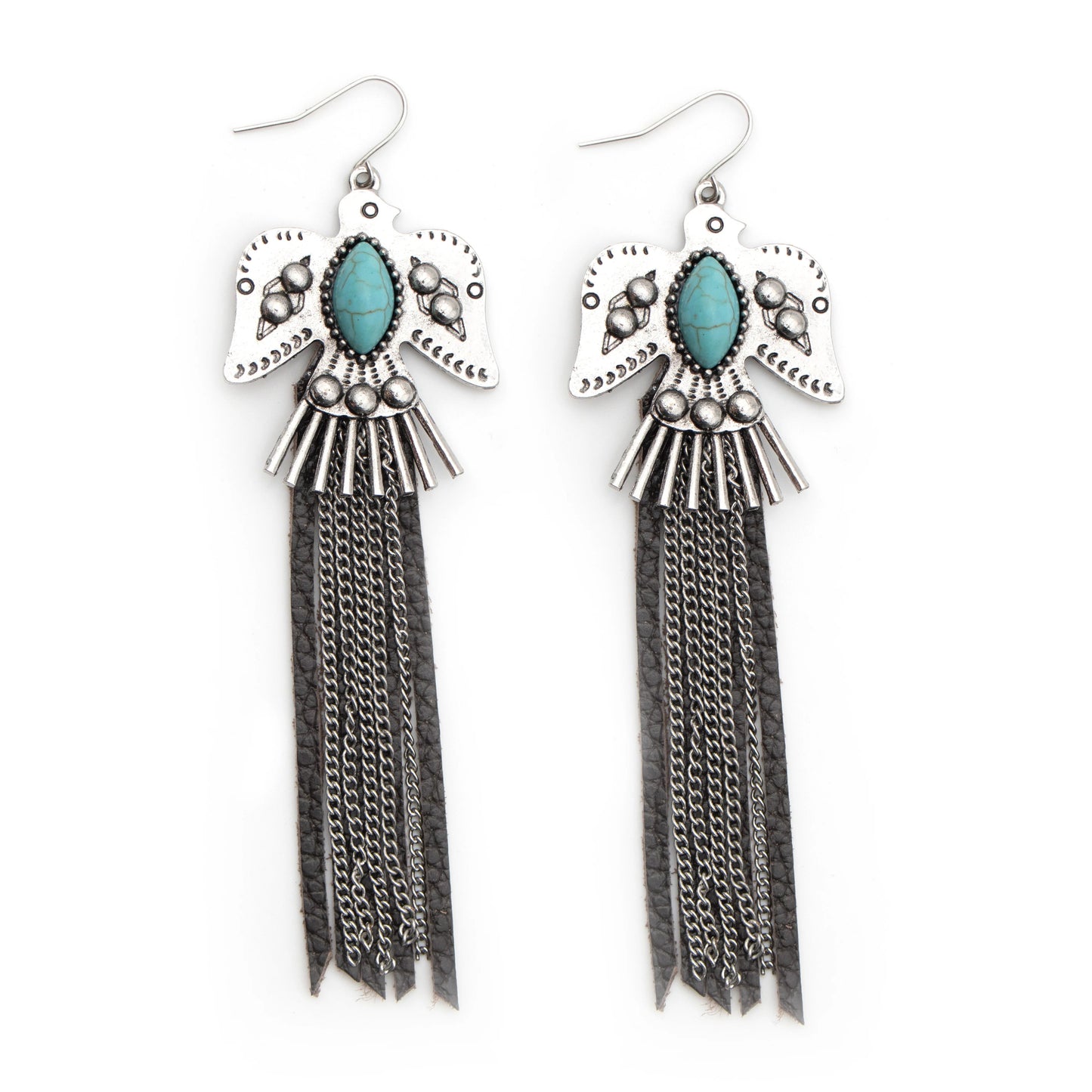Silver bird design with turquoise & chain fringe