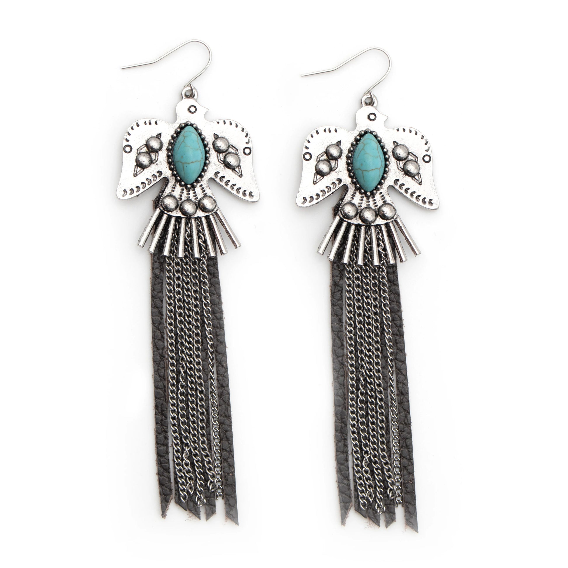 Silver bird design with turquoise & chain fringe