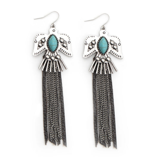 Silver bird design with turquoise & chain fringe