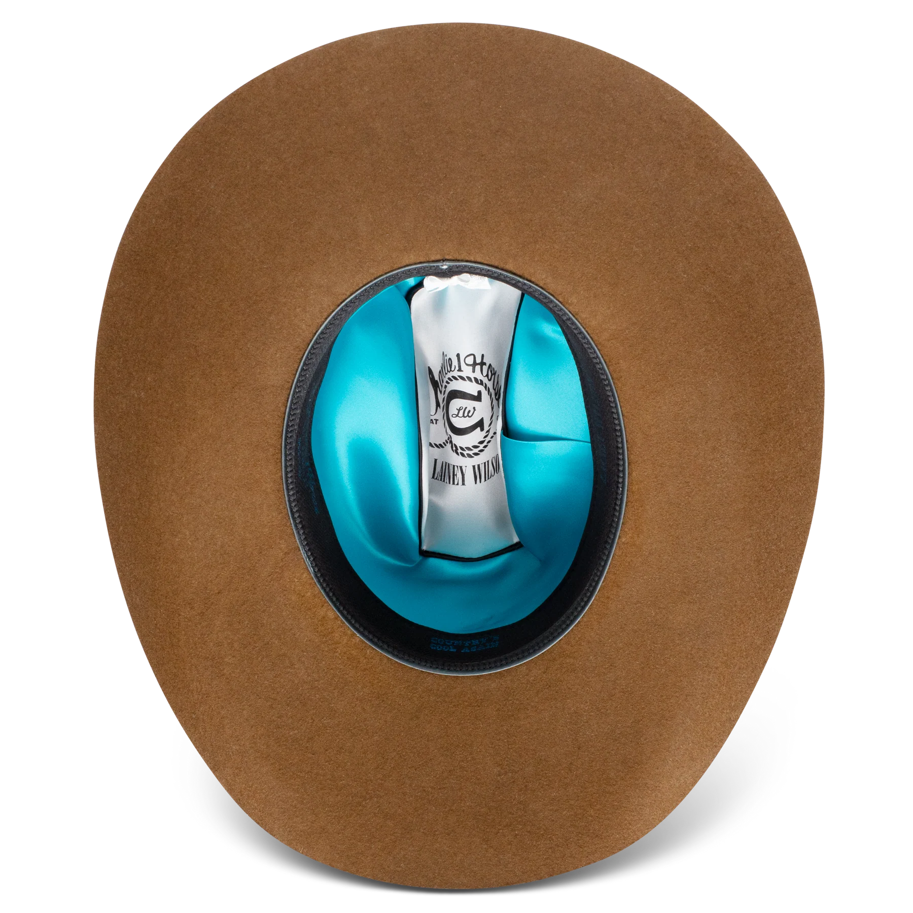 Brown cowboy hat with turquoise lining.
