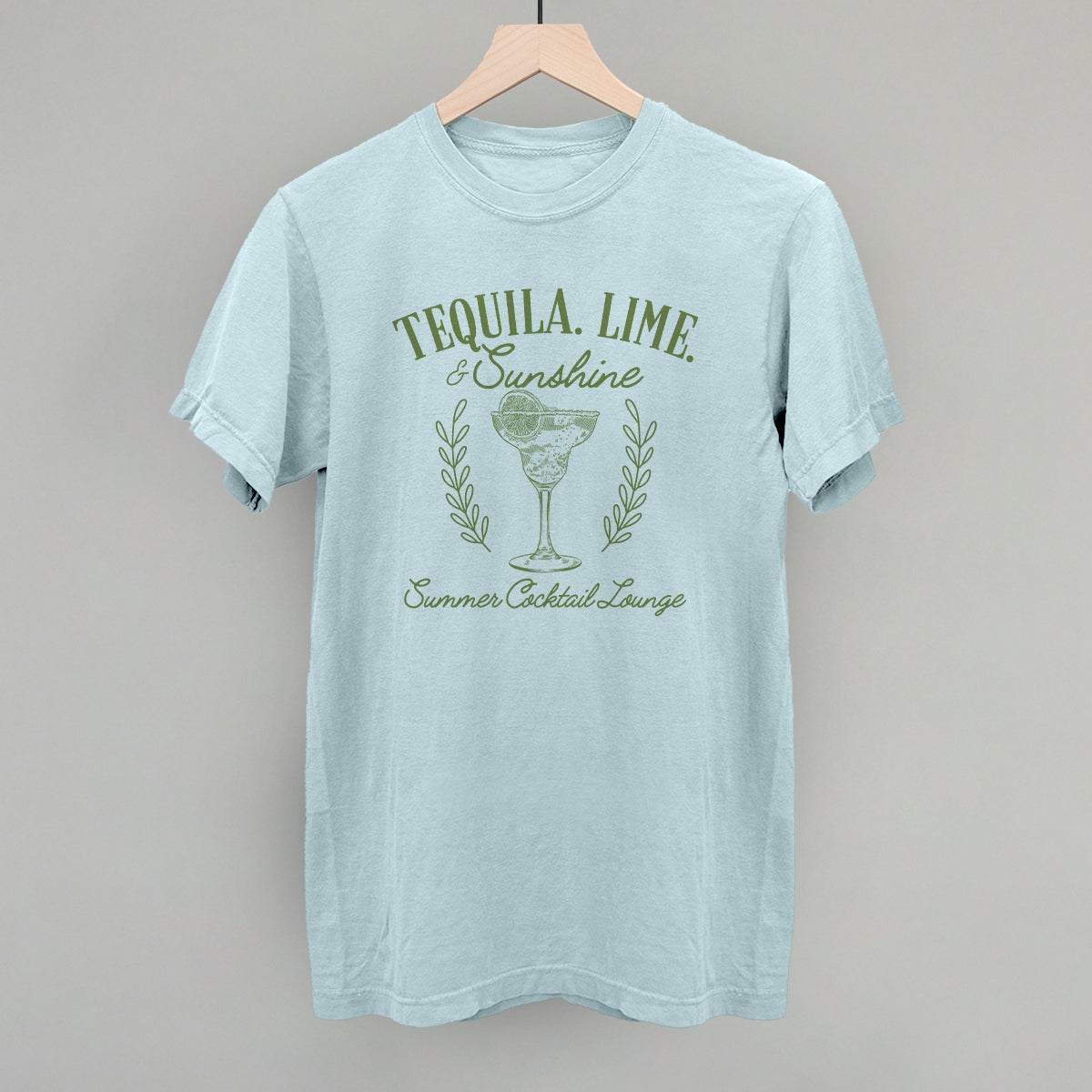 Chambray Comfort Colors tee mockup with Tequila, Lime & Sunshine design.