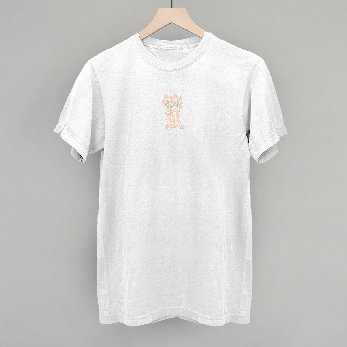 White Comfort Colors T-shirt mockup with floral embroidery
