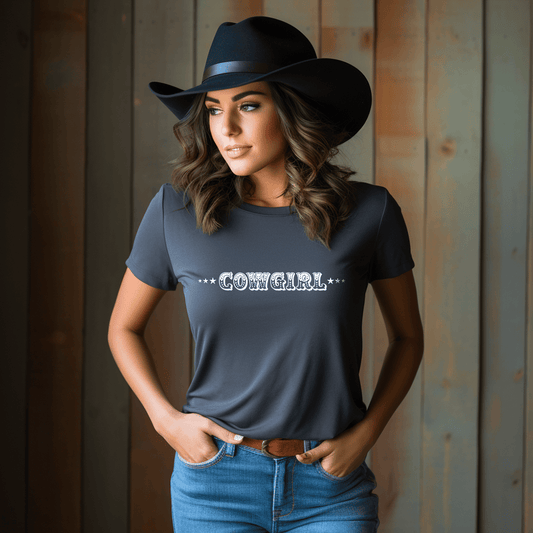 Cowgirl wearing a Cowgirl shirt and cowboy hat