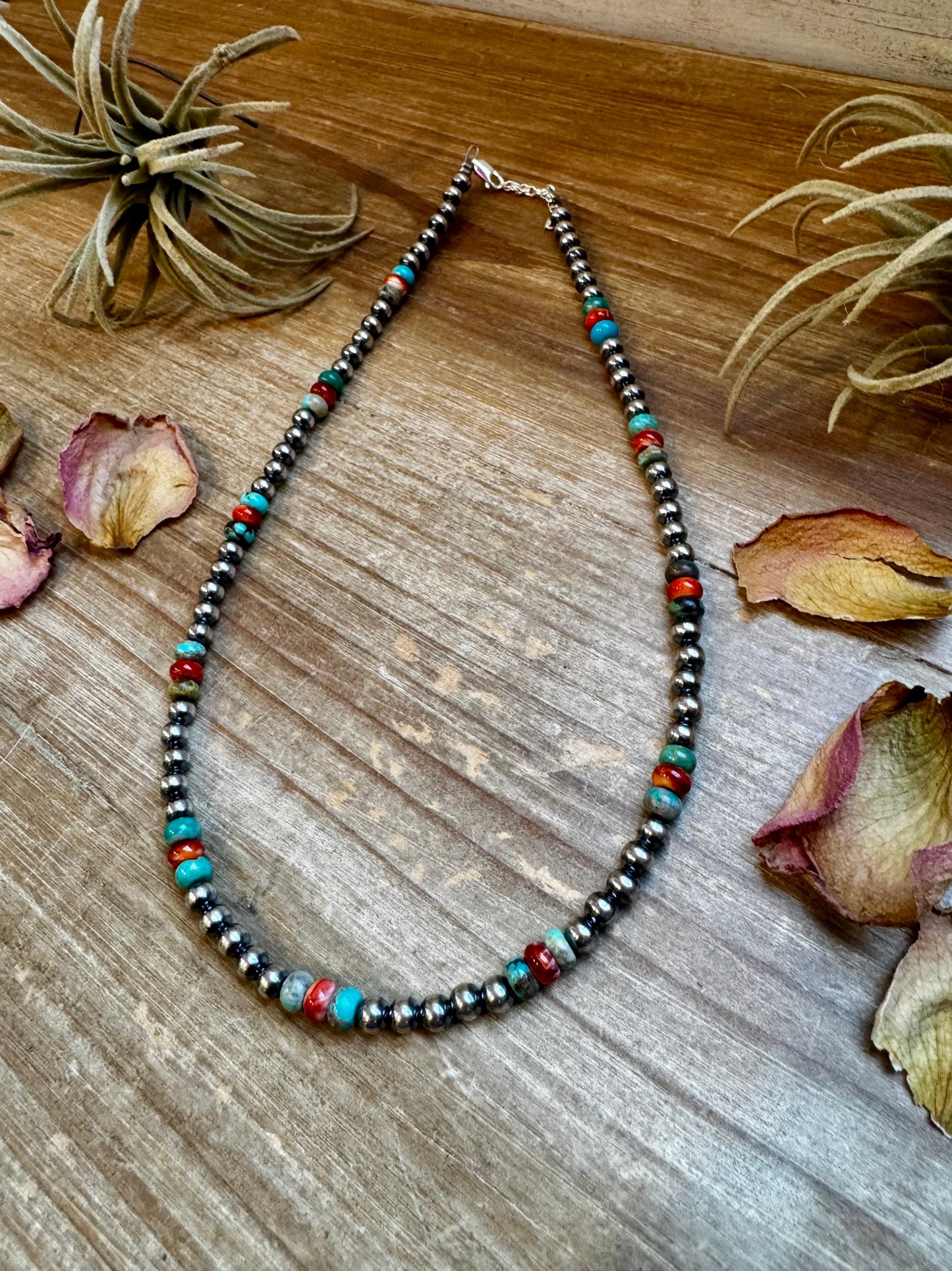 Turquoise & coral beaded necklace on wood, D5DD0807-4EAA