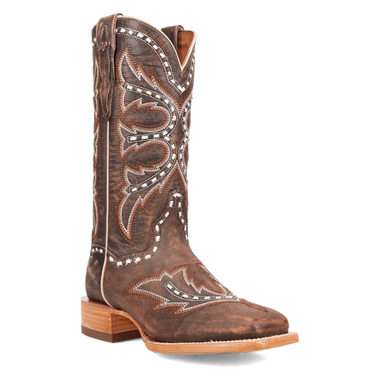Brown leather cowboy boot with intricate stitching