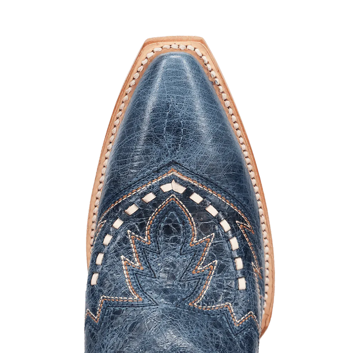 Blue leather cowboy boot toe with decorative stitching