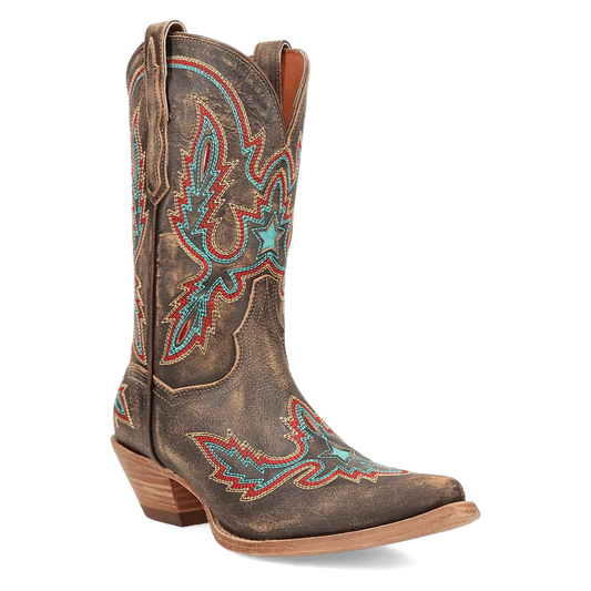 Brown leather cowboy boot with star design