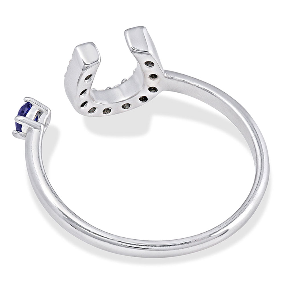 Silver horseshoe ring with sapphire