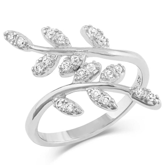 Silver Leaf Ring with Diamonds