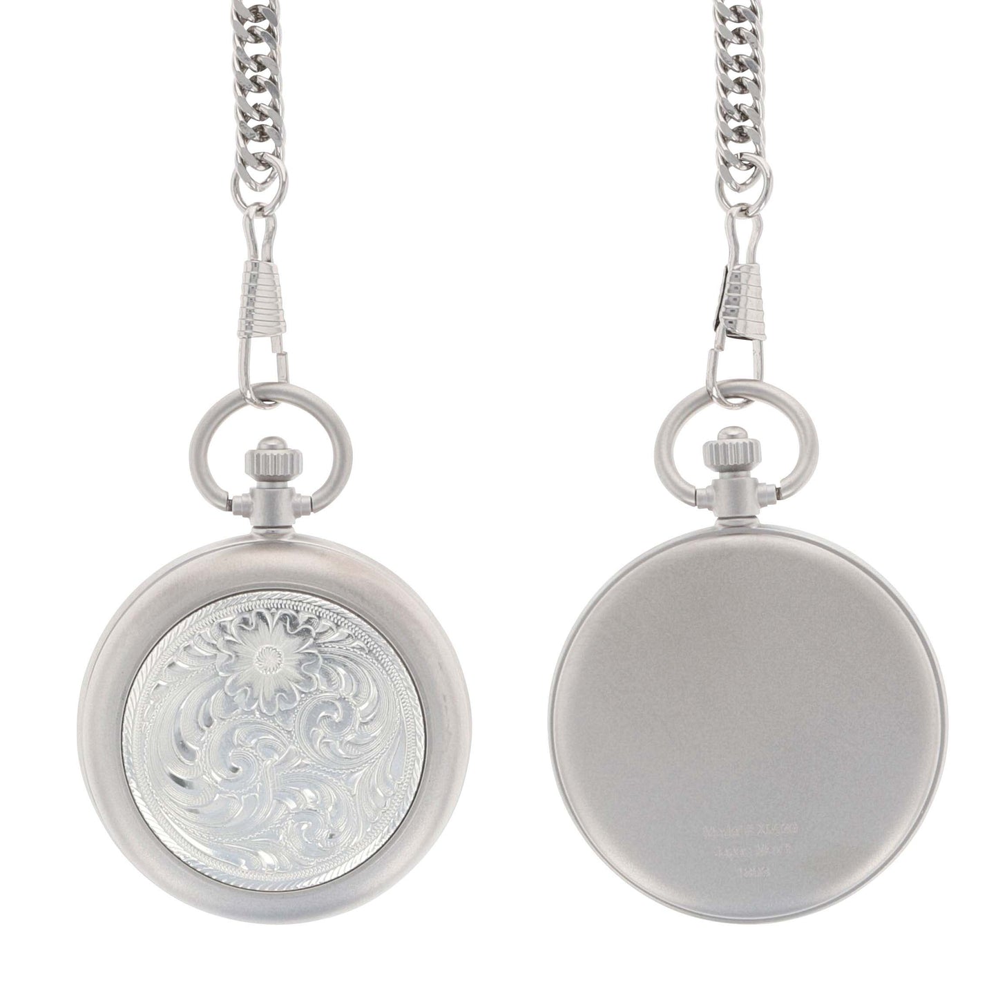 Silver pocket watch with floral engraving, front & back.