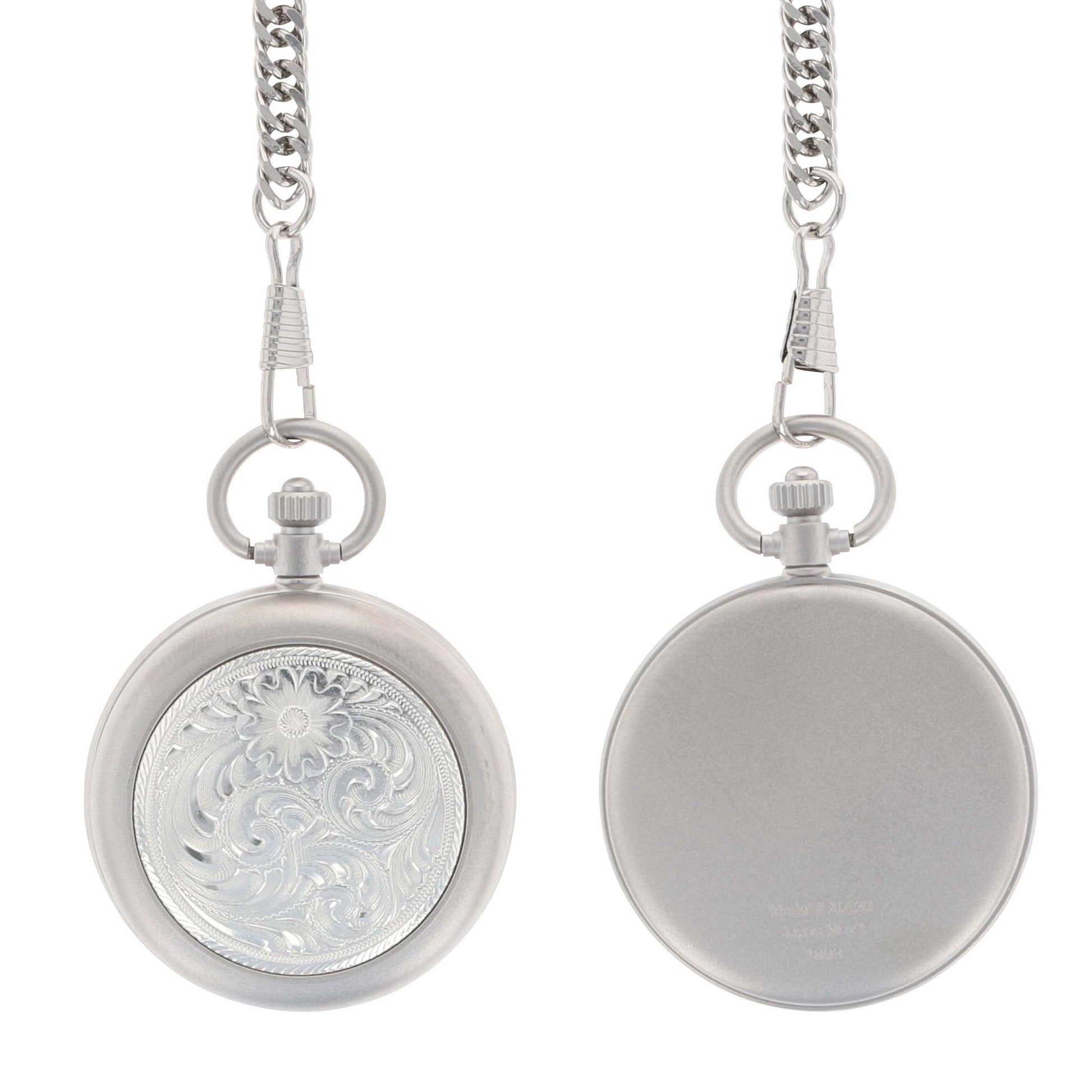 Silver pocket watch with floral engraving, front & back.