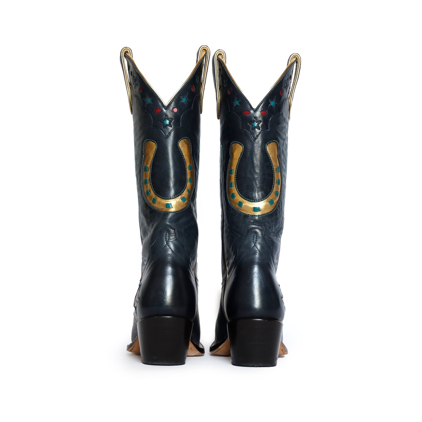 Dark blue cowboy boots with horseshoe design