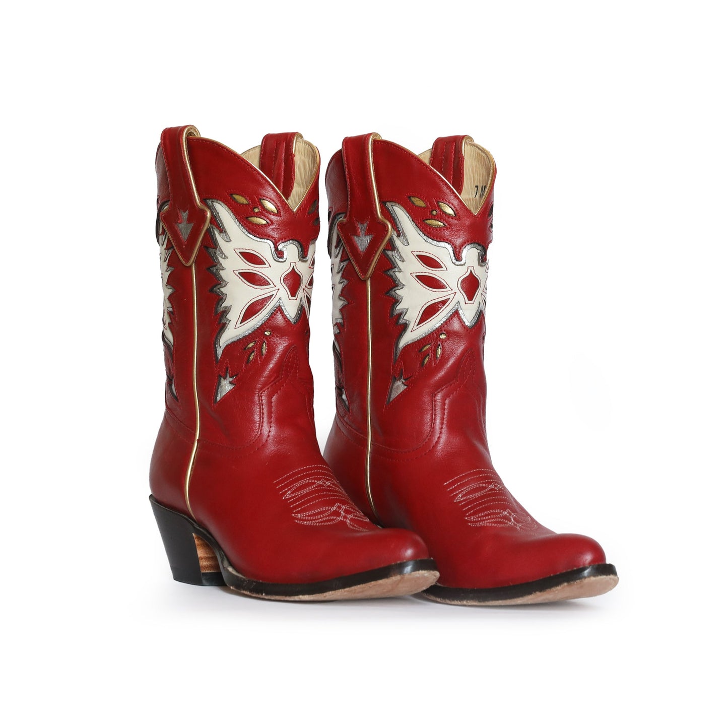 Red cowboy boots with white accents