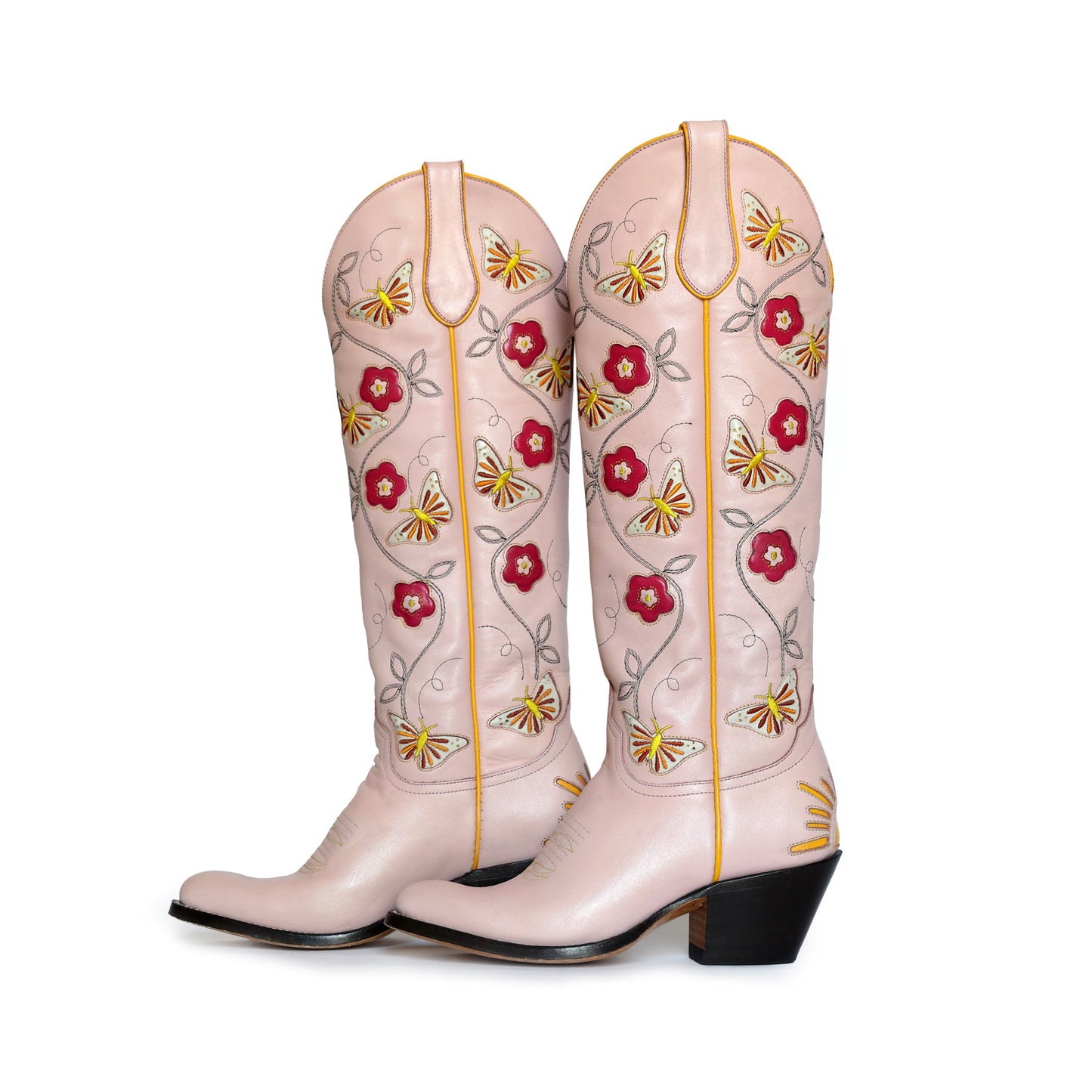 Pink Fraulein-Boot with floral & butterfly embroidery