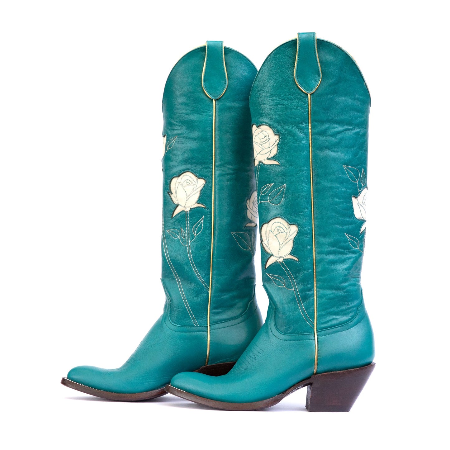 Teal Fraulein Rose cowboy boots with white rose embroidery