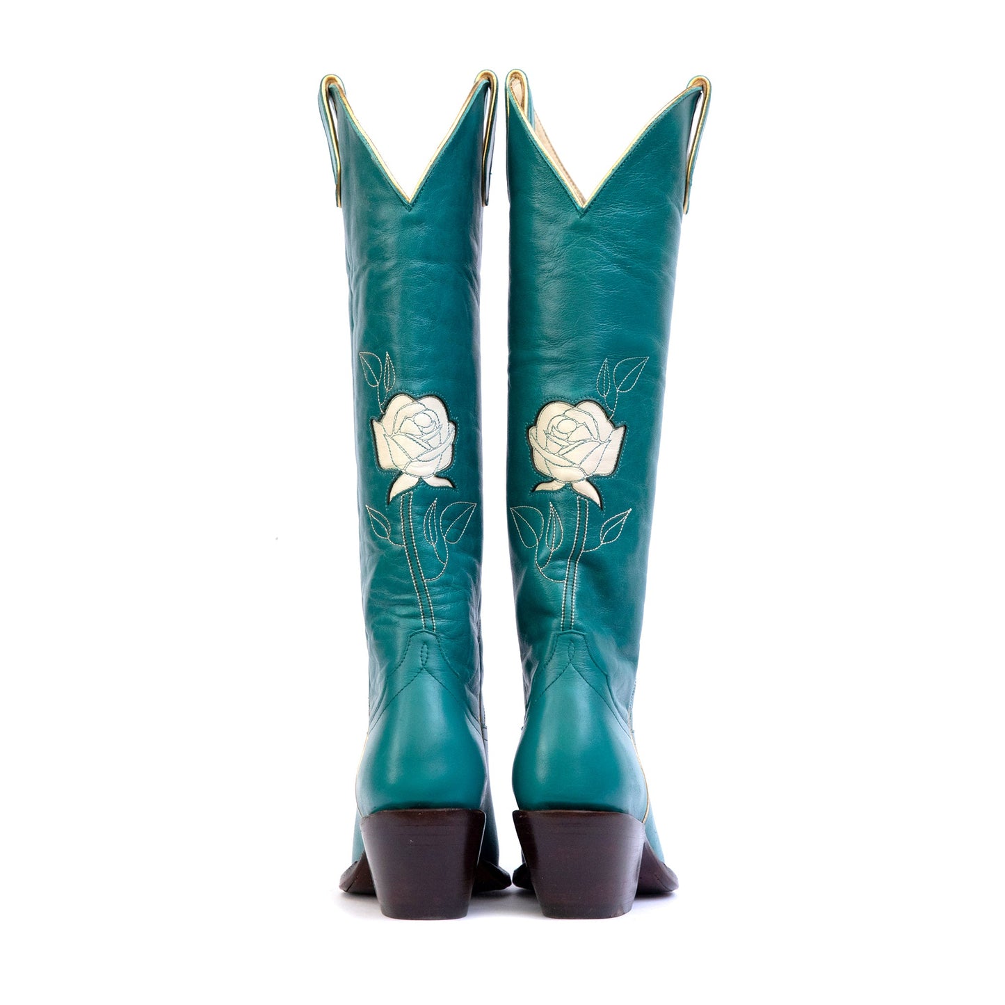 Fraulein Rose 5 - Teal cowboy boots with white rose detail