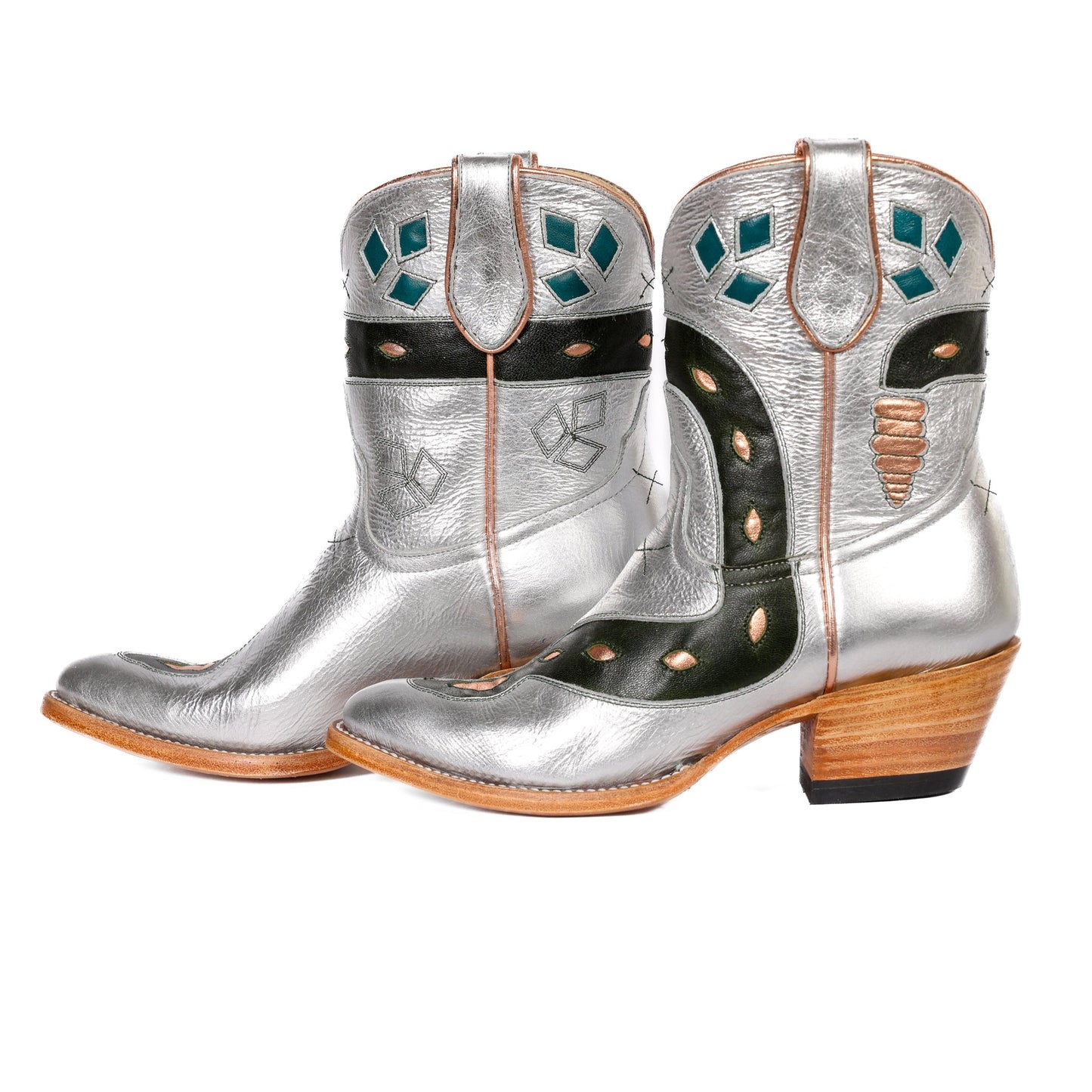 Fraulein Boots - Silver Cowboy Boots with Teal Accents