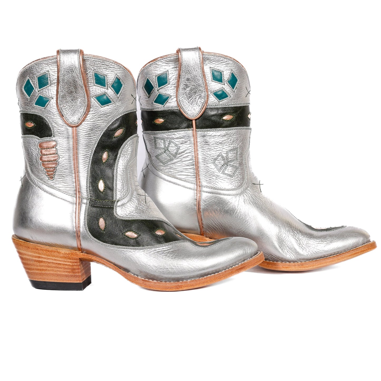 Silver Cowboy Boots with Teal Accents