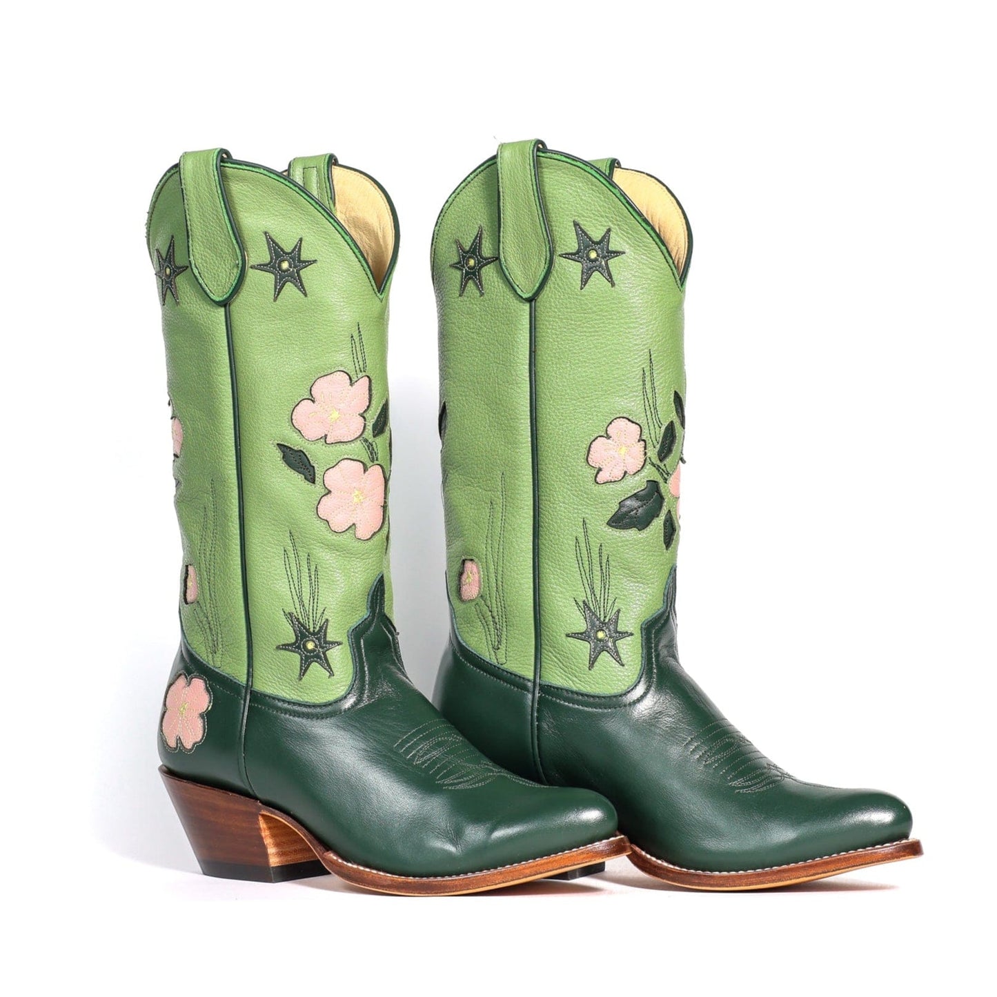 Green cowboy boots with floral embroidery