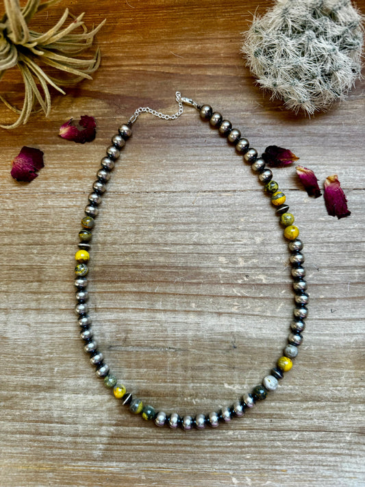 Silver bead necklace with turquoise and yellow accents