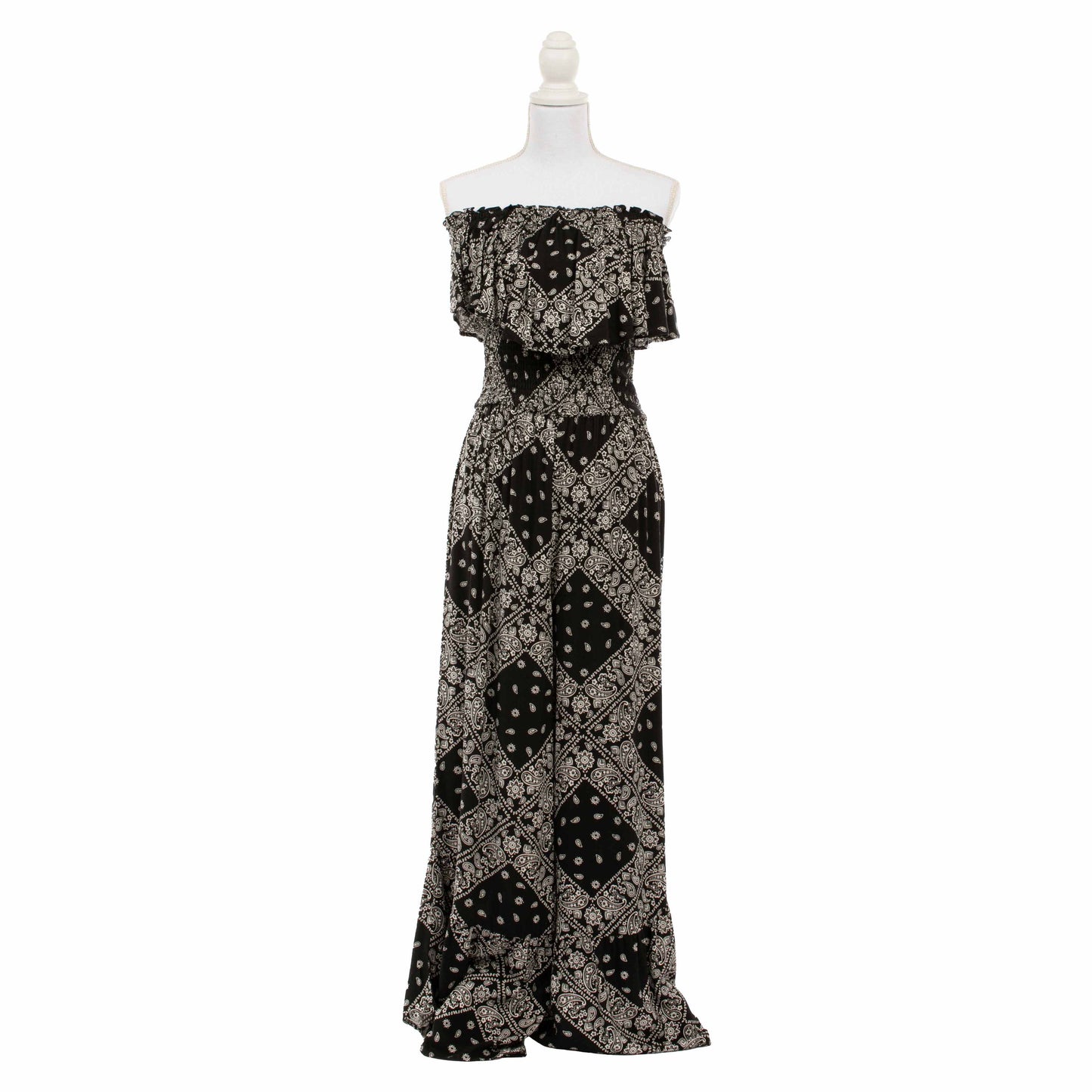 HC744-BLK black patterned strapless maxi dress