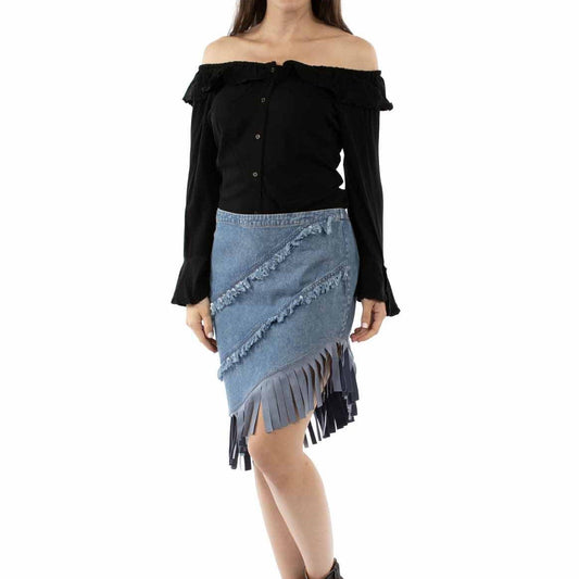 HC938-BLU denim skirt and black off-shoulder top