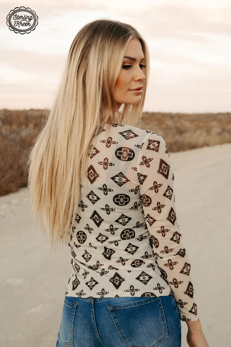HH4 patterned top with blonde woman
