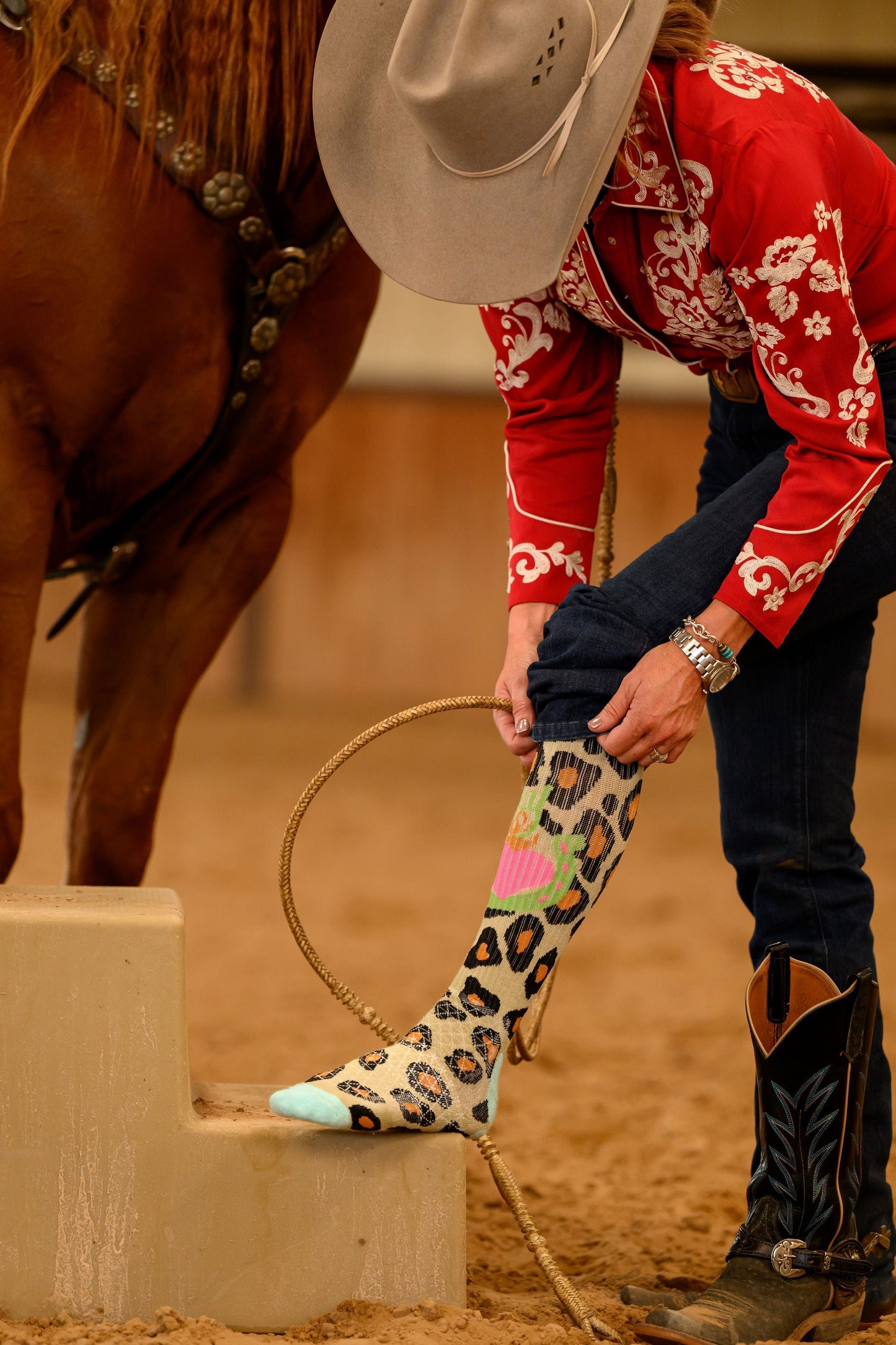 Cowgirl adjusting sock with animal print