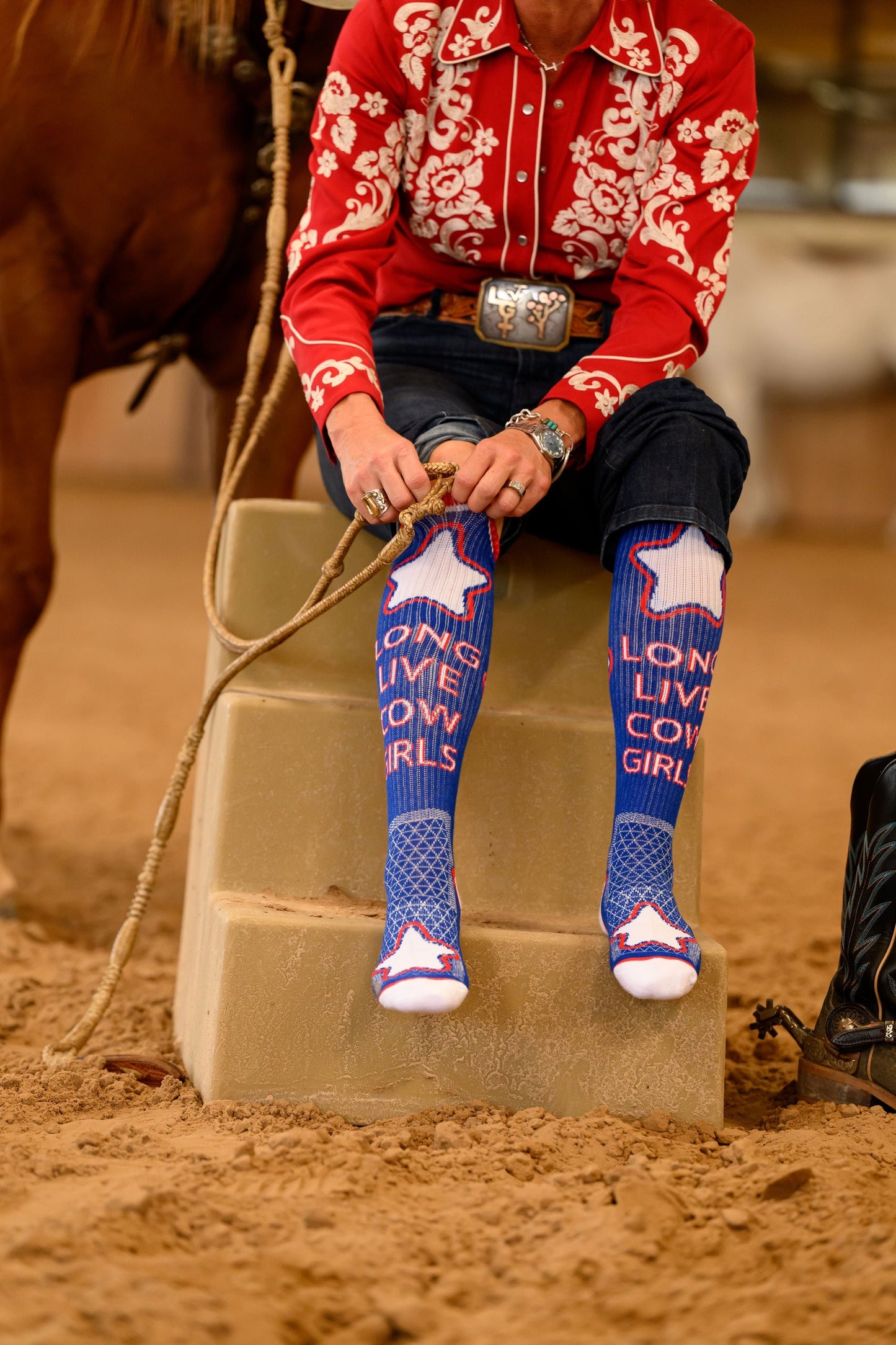 Cowgirl wearing Long Live Cowgirls socks, HMK_20722