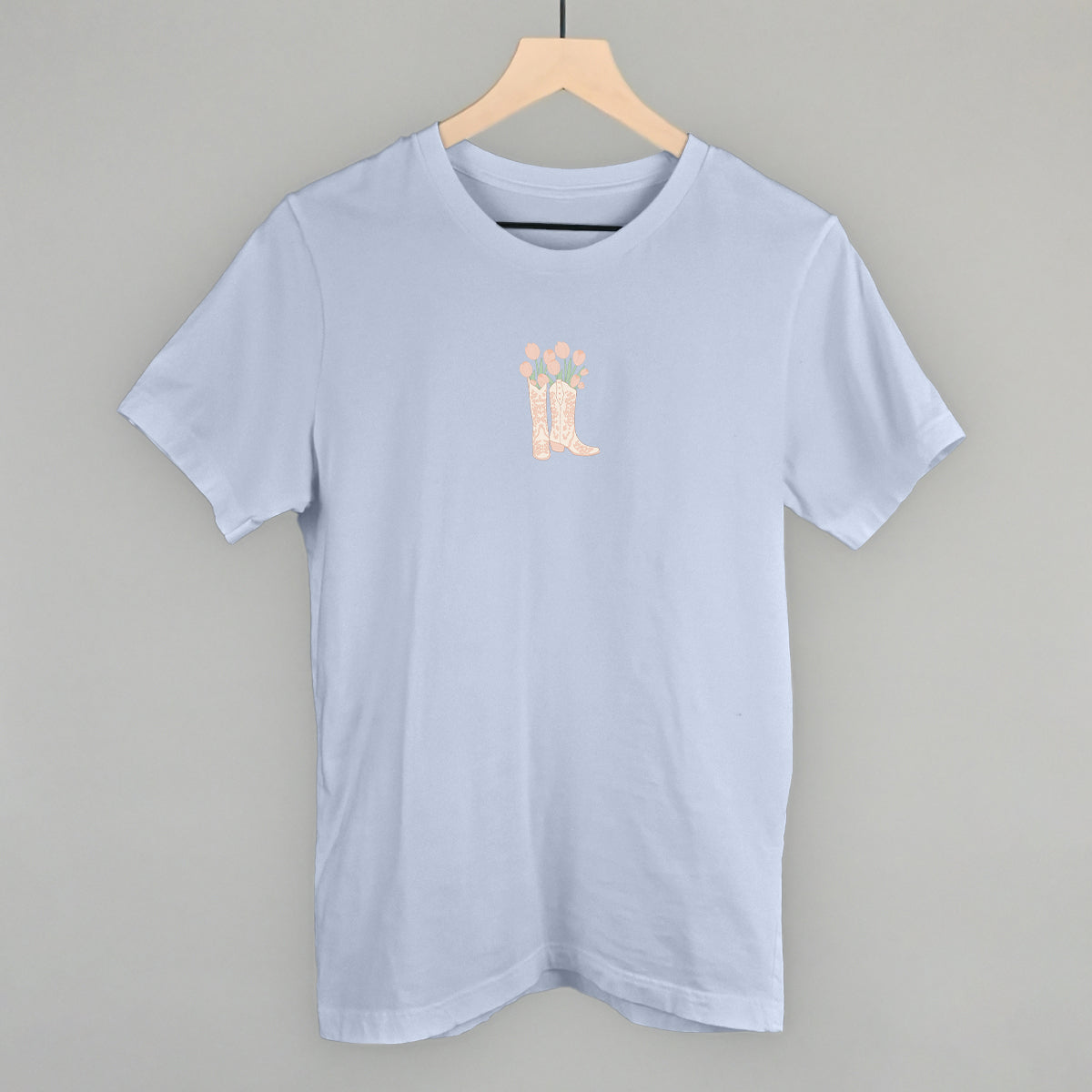 Light blue IC-Bella3001Tee with cowboy boot graphic