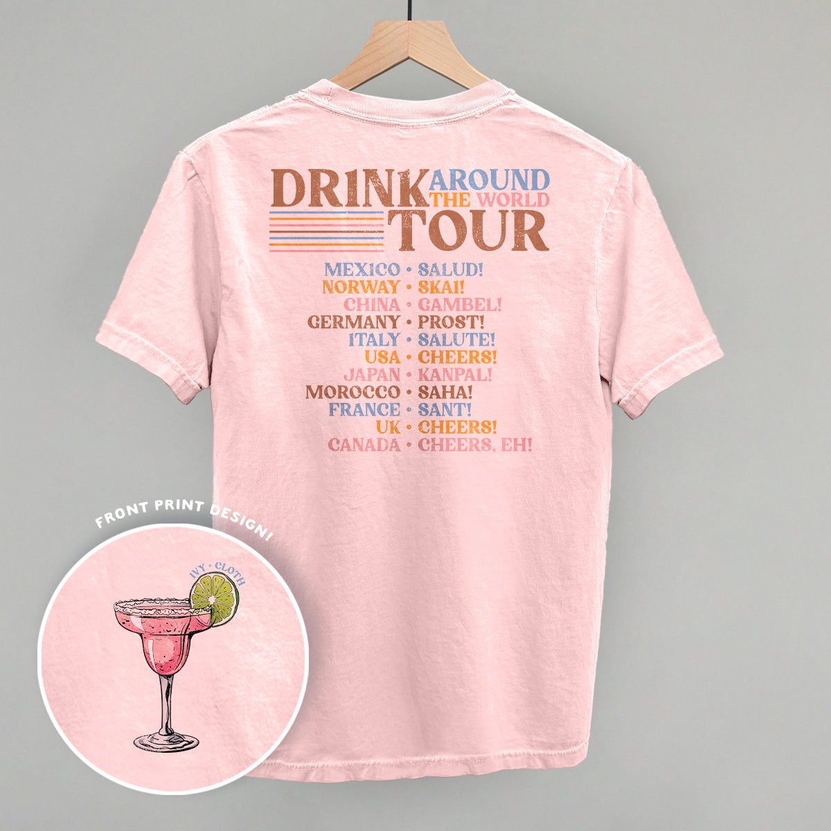 Pink Drink Around the World Tour t-shirt with margarita graphic.