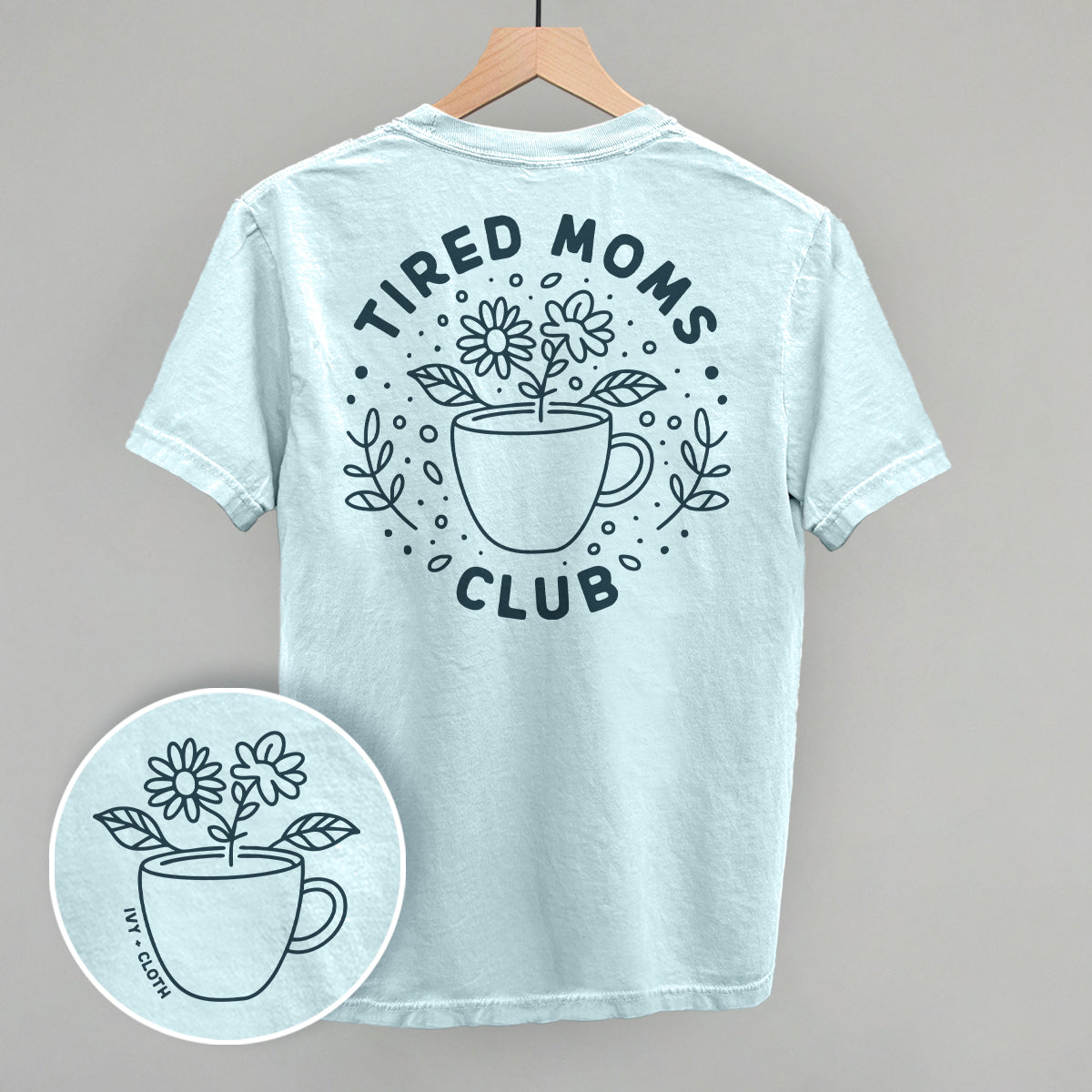 IC-Chambray Tired Moms Club tee with floral design