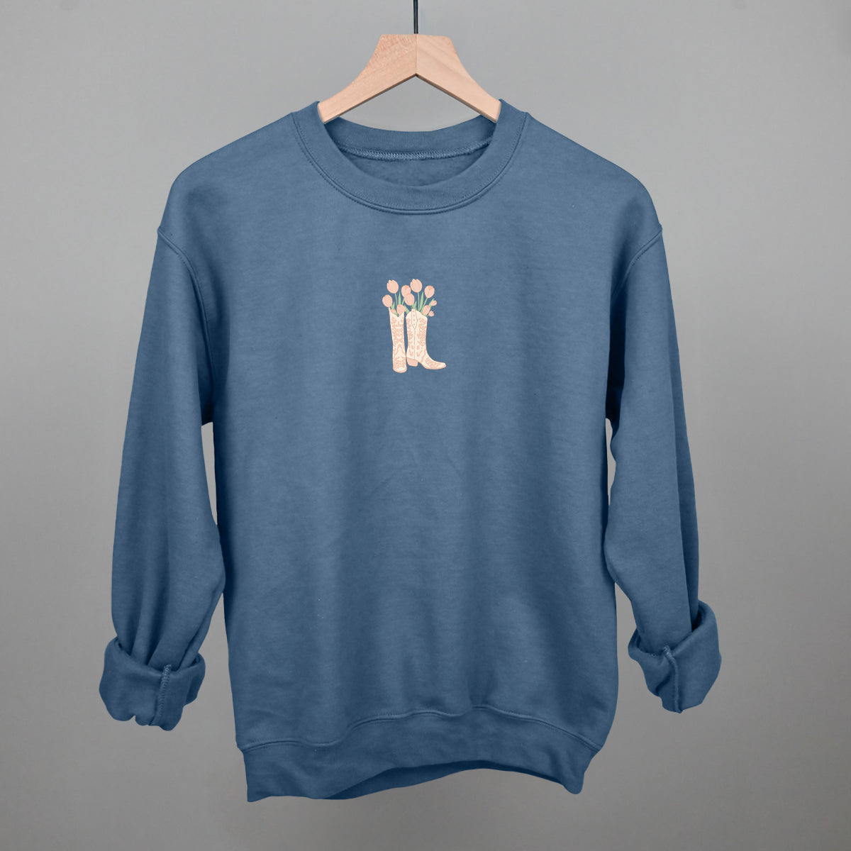 Indigo Blue Gildan Sweatshirt with Floral Boot Embroidery