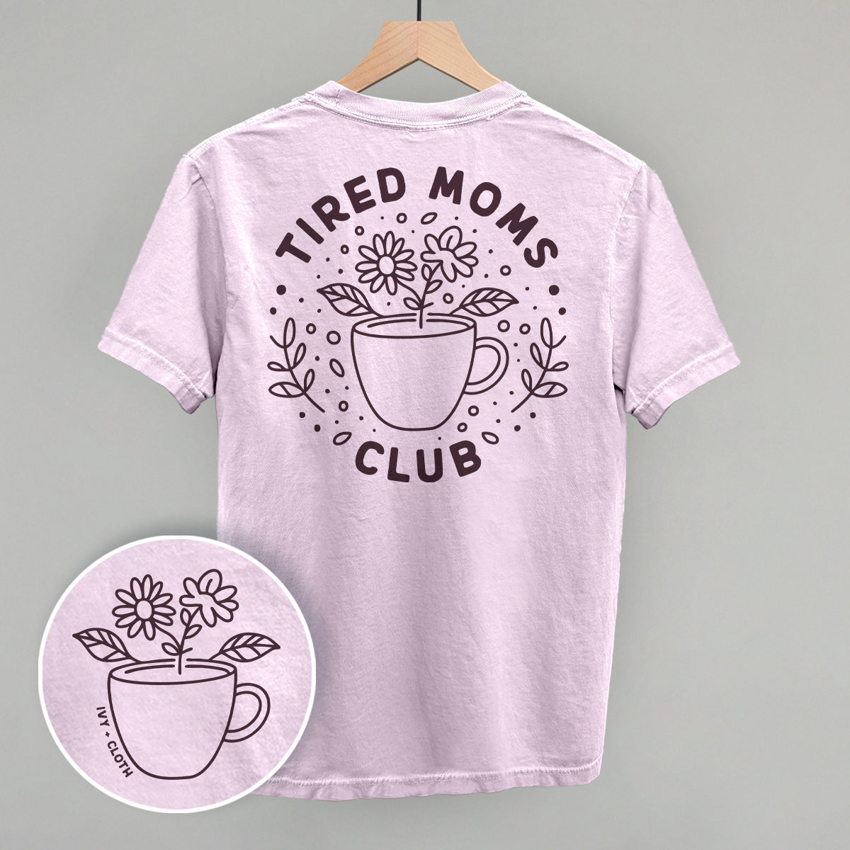 Tired Moms Club Orchid tee with floral design