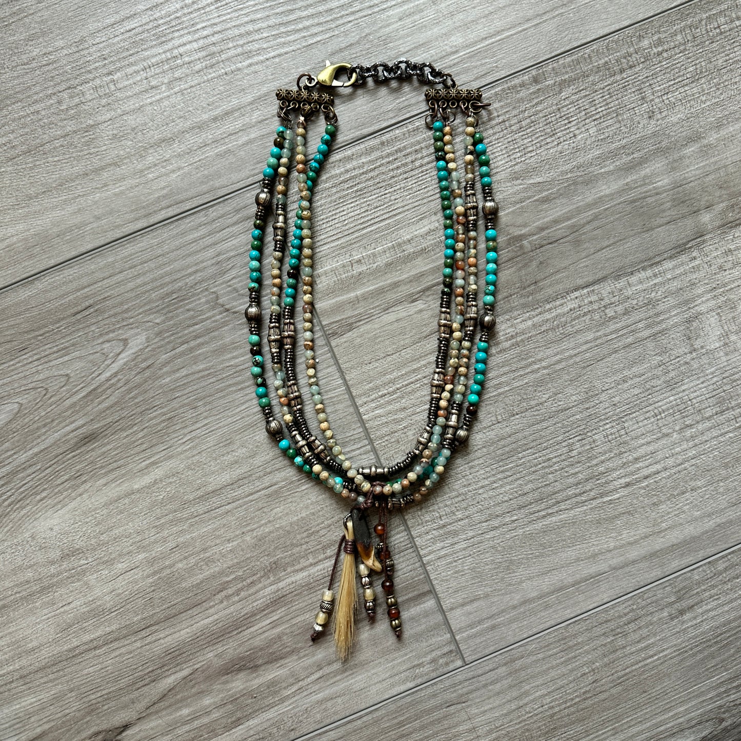 Four Strand Beaded Necklace with Turquoise, Horsehair & Bone by Amy Kaplan