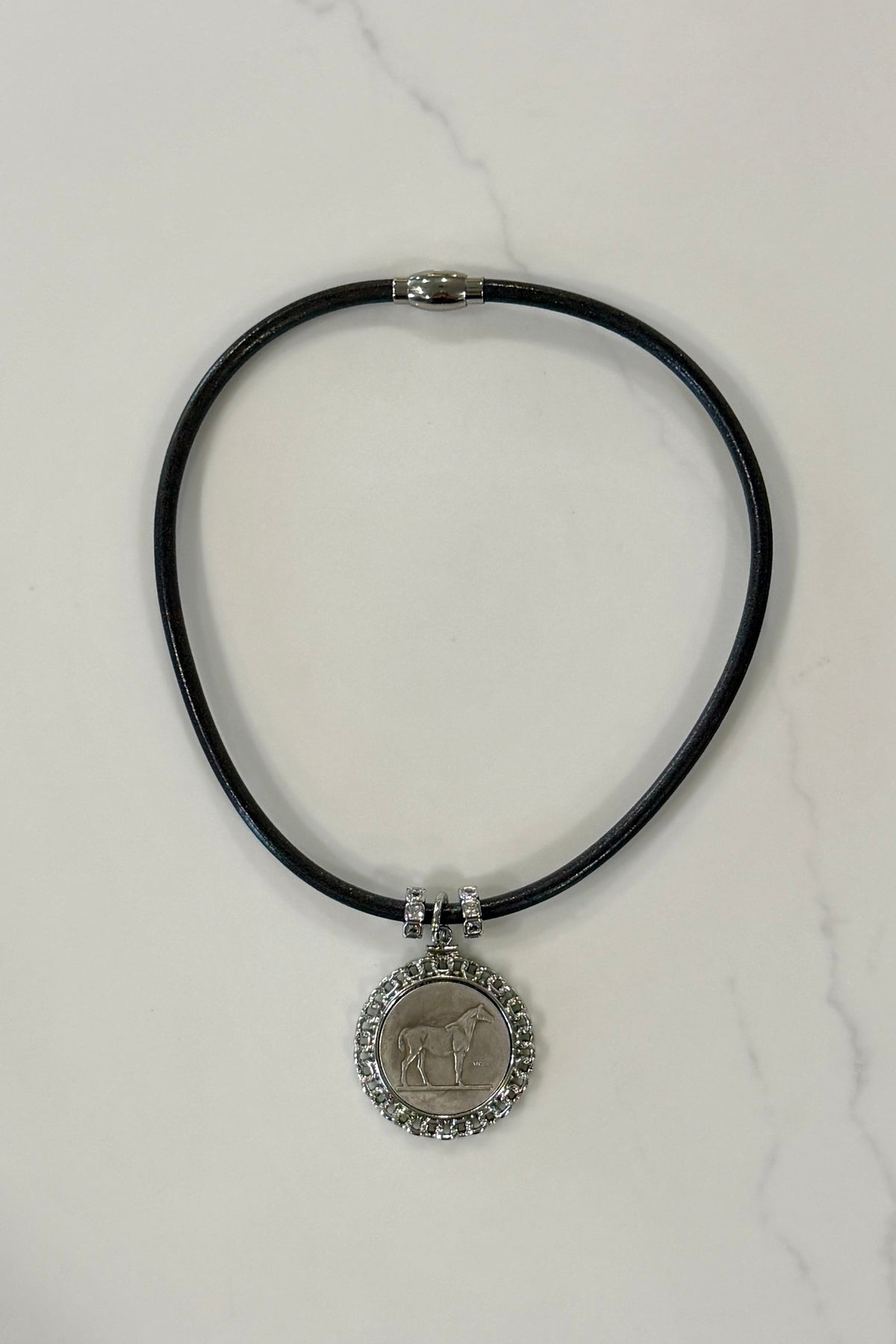 Grey Leather Necklace with Silver Horse by Michele Busch