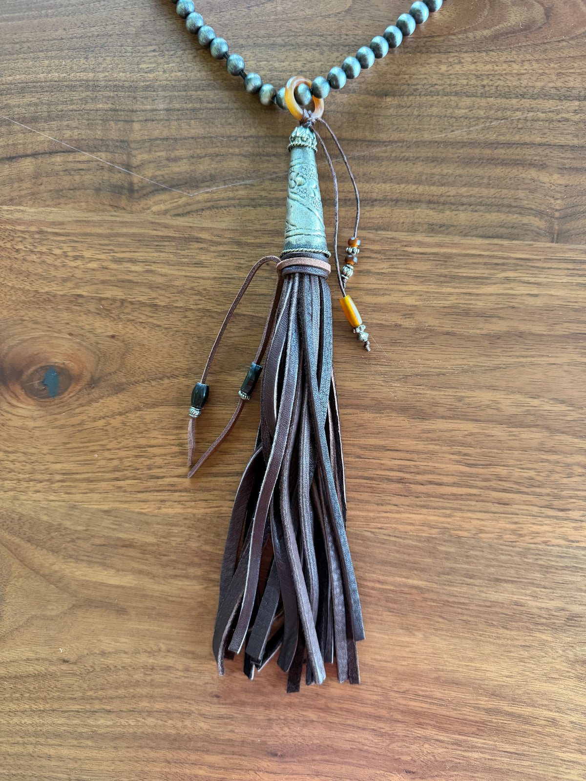 Dark Brown Deersuede Fringe on Silver Pearl Necklace by Amy Kaplan