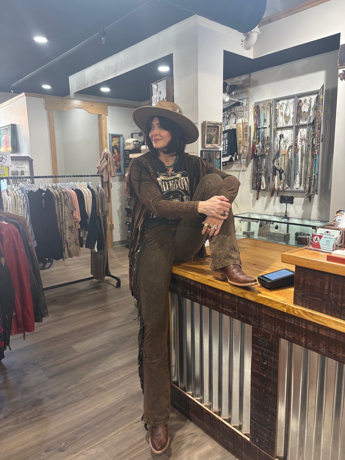 Chap Full Fringe and Feathers Pants by Pat Dahnke - Brown