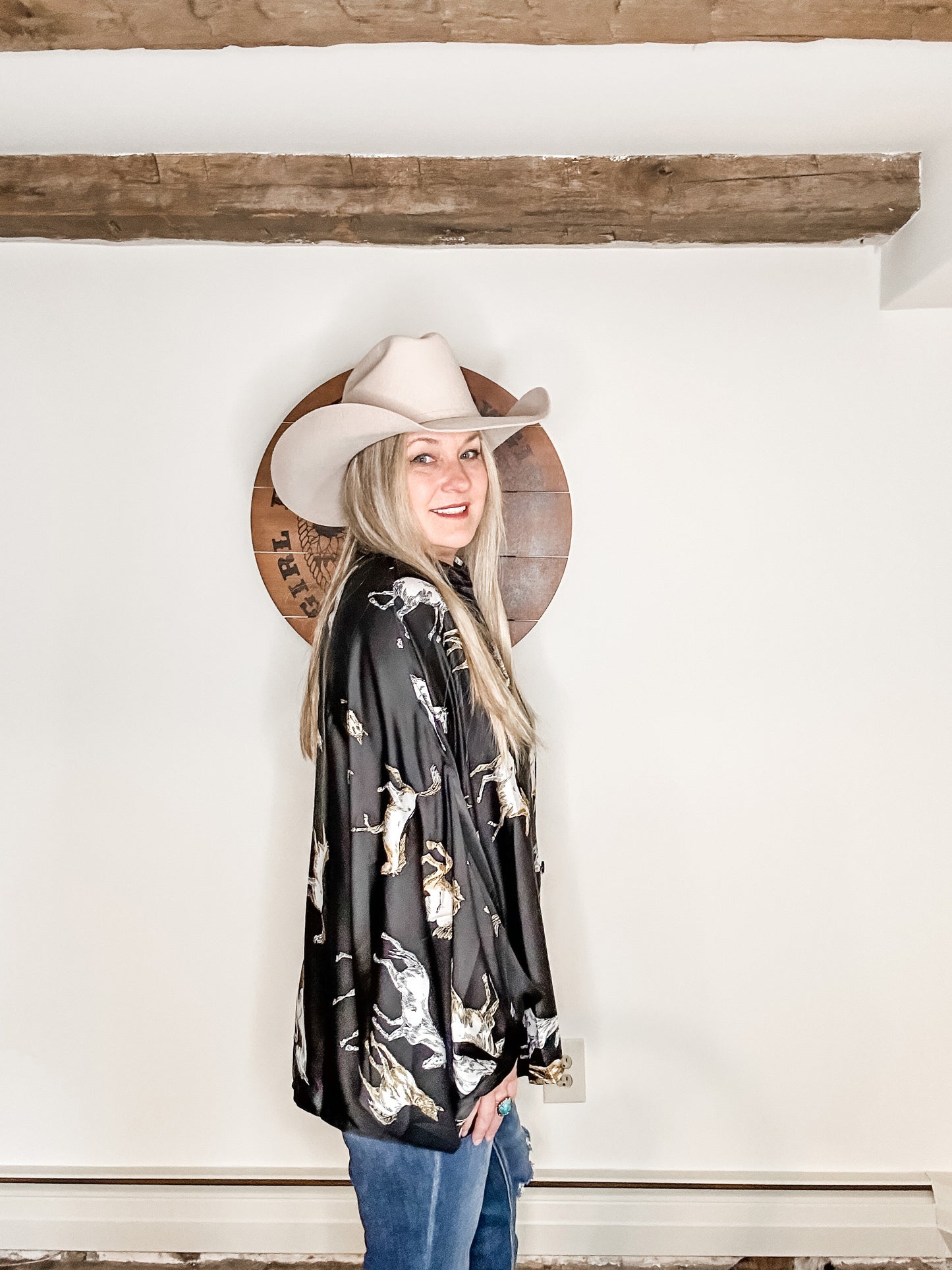 Fancy Horses Print Button Satin Shirt in Black | Bourbon Cowgirl