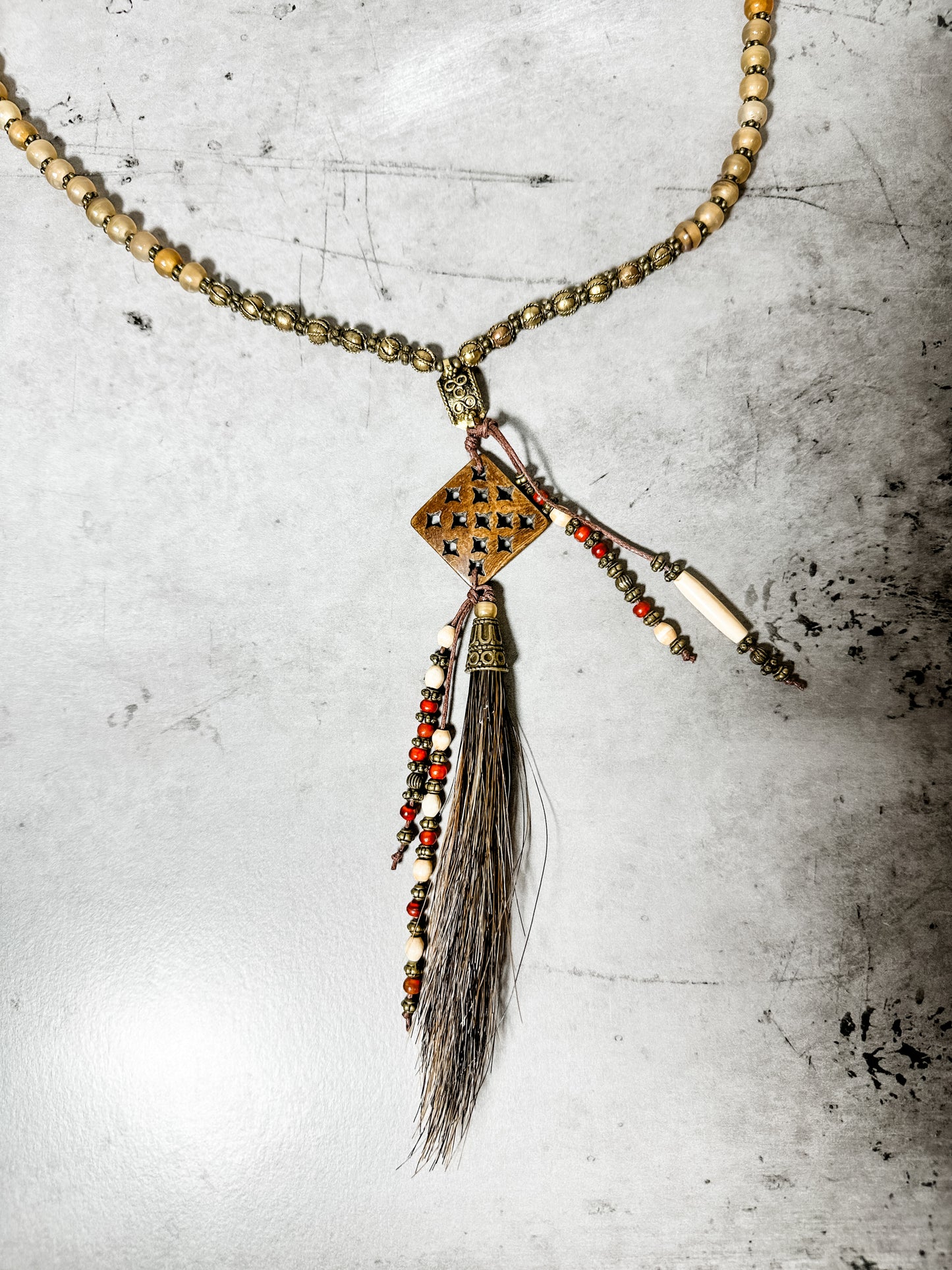 Horn and Indian Bead with Horsehair Tassel Necklace - Amy Kaplan for Bourbon Cowgirl