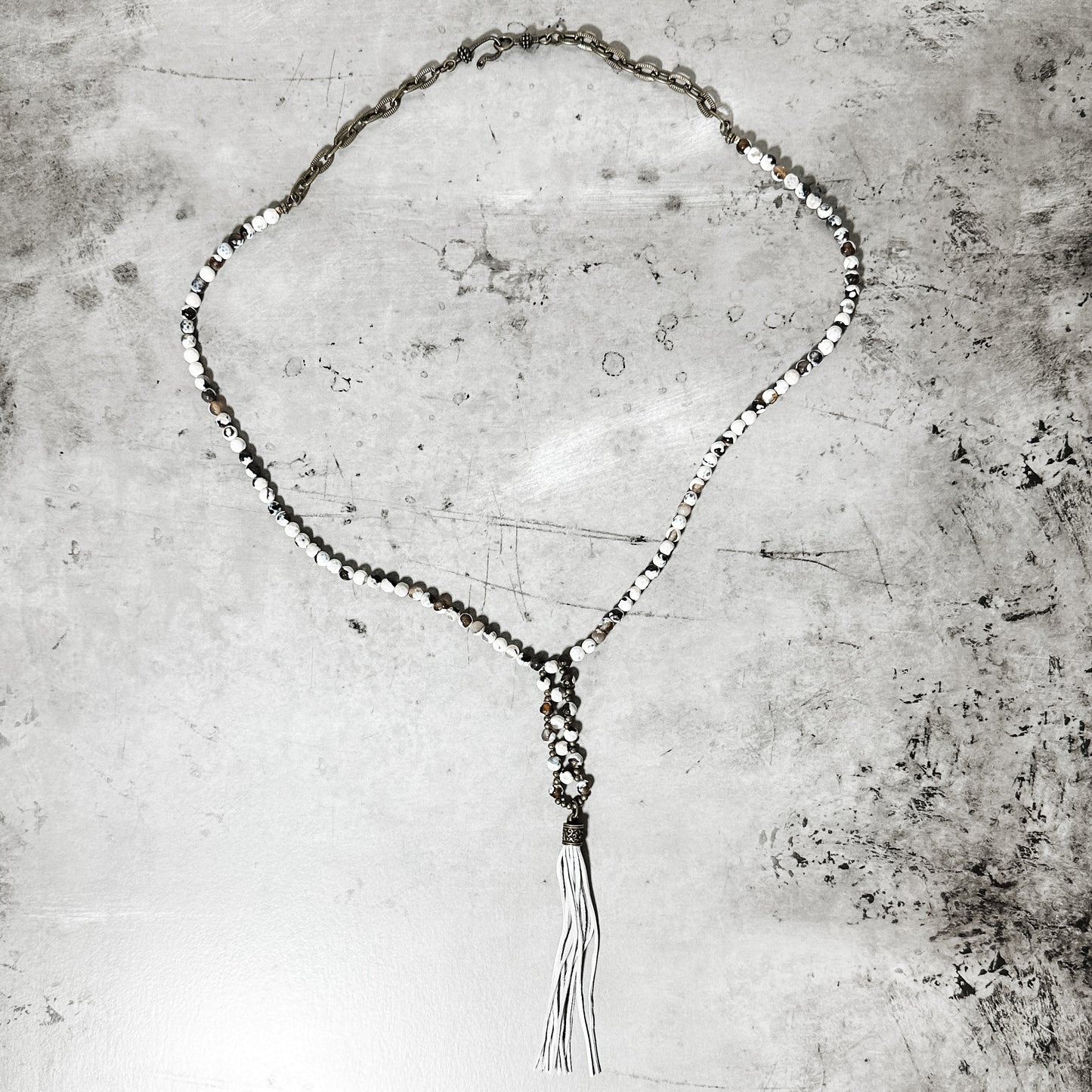 Howlite Weave Necklace with Leather Tassel- Amy Kaplan for Bourbon Cowgirl