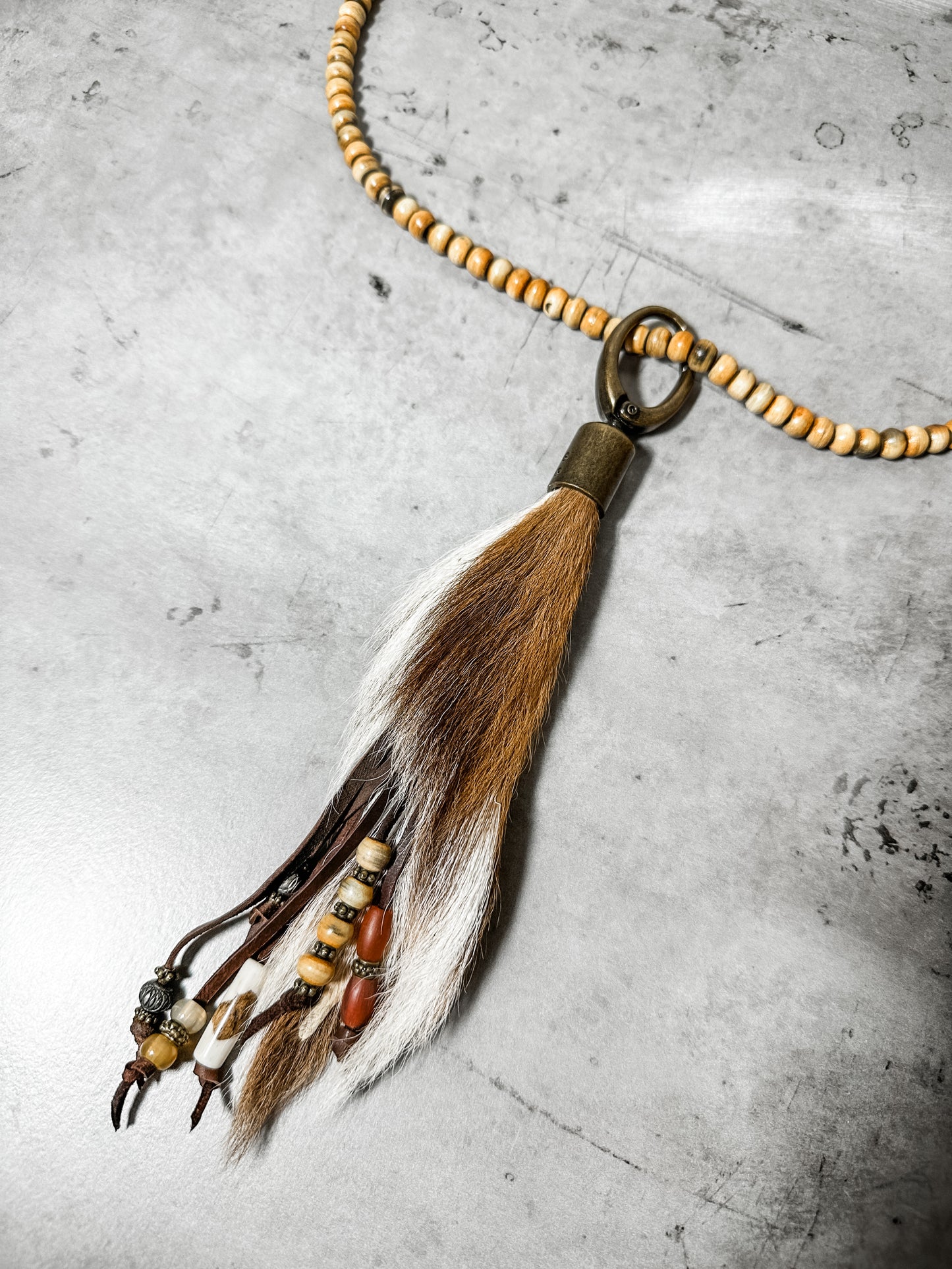 Strand of Bone Beads with Axis Deer Hide Necklace - Amy Kaplan for Bourbon Cowgirl