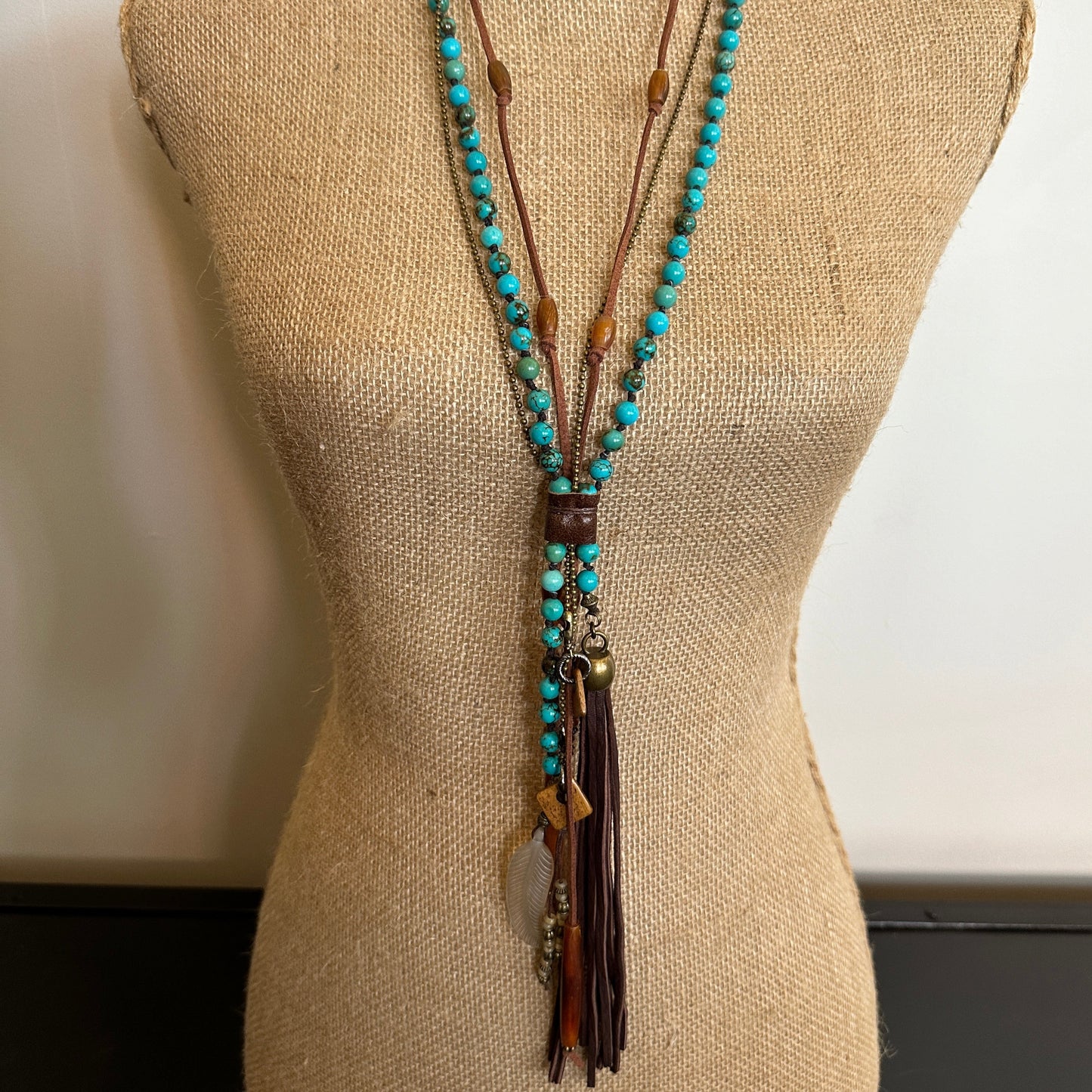 Turquoise Clutch Necklace Horn and Deerskin Tassel - Amy Kaplan for Bourbon Cowgirl