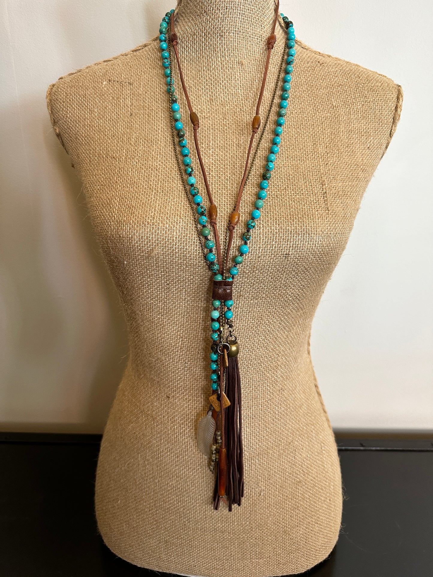 Turquoise Clutch Necklace Horn and Deerskin Tassel - Amy Kaplan for Bourbon Cowgirl